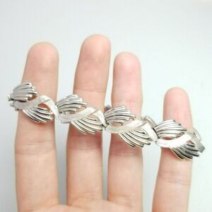Vintage Crown Trifari Silver Tone Wing Shape Panel Bracelet, Signed Estate